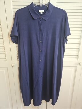 J Jill Pima Cotton Spandex Button Up Dress 1x XL Blue Summer Pockets Shirt Dress
